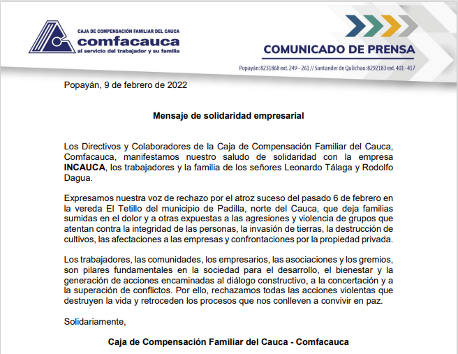 Comunicado de prensa: mensaje de solidaridad