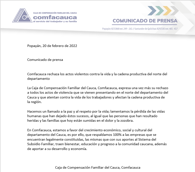 Comunicado de prensa: rechazo a los actos de violencia